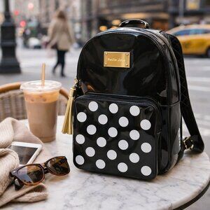 🖤 Petite Jolie Black Polka Dot Backpack – Glossy Finish
